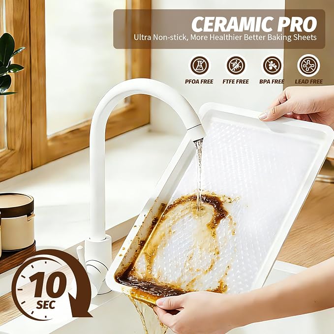 Nonstick Ceramic Baking Sheet With Rack, 2-Pack Half Sheet Pan, Non-Toxic, PTFE & PFOA Free, Warp-Free, Oven Safe 550°F, Dishwasher Safe, Aluminized Steel, Gray Yellow