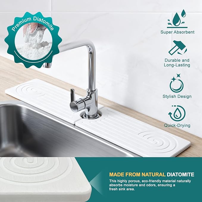 Hopegiver Stone Faucet Mat for Kitchen Sink - Fast Drying Diatomite Sink Protector Prevent Moisture, Super Water Absorbing Stone Tray for Kitchen & Bathroom Counter (White, 23.6"x5.1")