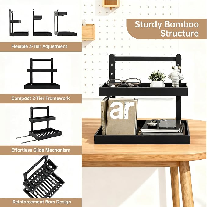 2-Tier Under Sink Pull Out Organizer, Bamboo Cabinet Storage Shelf with Adjustable Height, Slide Out for Kitchen Bathroom Pantry (Black, 2 Packs)