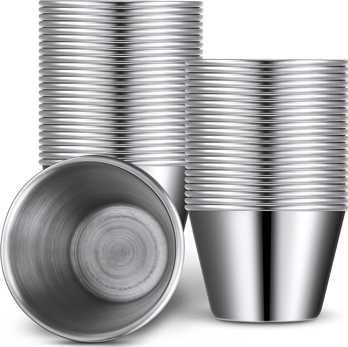 Potchen 48 Pack 2.5 oz Metal Ramekins Sauce Cups Stainless Steel Condiment Cups Round Dipping Containers for Vinegar Butter Ice for Kitchen Restaurant Catering Camping BBQ Party