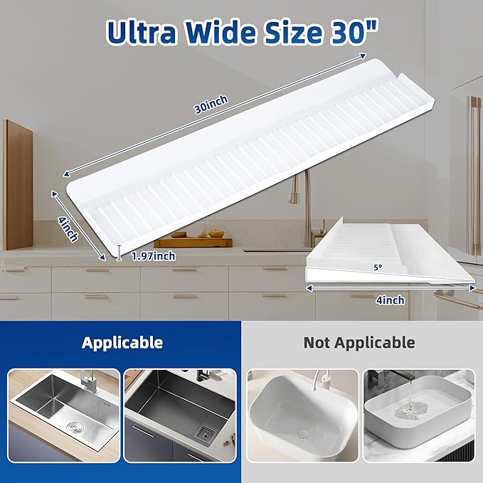 Silicone Sink Splash Guard & Edge Protector, 30 Inch Extra Long Kitchen Sink Splash Guard with Suction Cups, 5° Tilt Water Drip Back Design, DIY Cuttable Fits Any Size Single or Double Sink - White