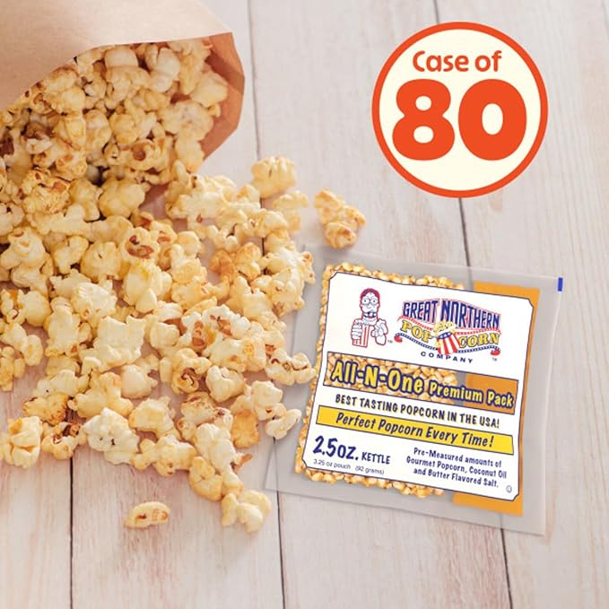 80-Count Gourmet Popcorn Kernels Packs - Premeasured All-in-One Premium Kernel, Oil, and Salt Packets for 2.5-Ounce Kettles by Great Northern Popcorn