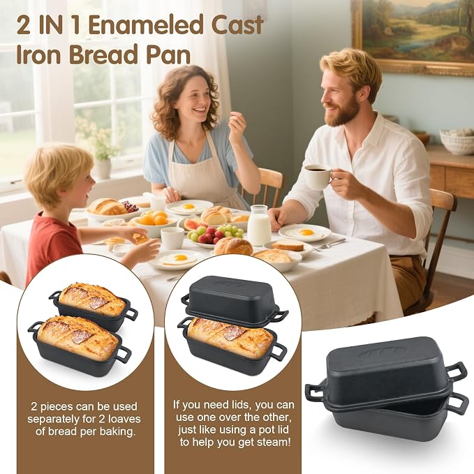 Demine Cast Iron Loaf Pan with Lid 9x5 Inch – Dutch Oven Bread Pan for Sourdough, Banana Bread, Meatloaf – Even Heat, Non-Stick, Oven Safe Baking Pans