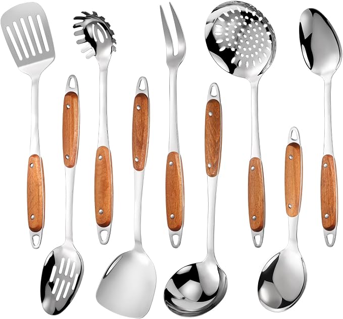 304 Stainless Steel Cooking Utensils Set,9PCS Metal Kitchen Utensils Set with Wooden Handle,Solid Spoon,Spatula,Ladle,Skimmer Spoon,Spaghetti Spoon,Dishwasher Safe