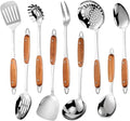304 Stainless Steel Cooking Utensils Set,9PCS Metal Kitchen Utensils Set with Wooden Handle,Solid Spoon,Spatula,Ladle,Skimmer Spoon,Spaghetti Spoon,Dishwasher Safe