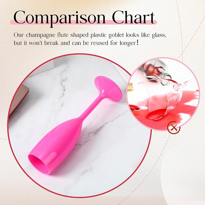Maxcheck 24 Pcs Champagne Flutes Bulk Acrylic Toasting Drinking Flute Unbreakable Goblet Champagne Cups 6 oz Plastic Wine Glasses for Mother's Day Wedding Bridal Shower Anniversary Party (Hot Pink)