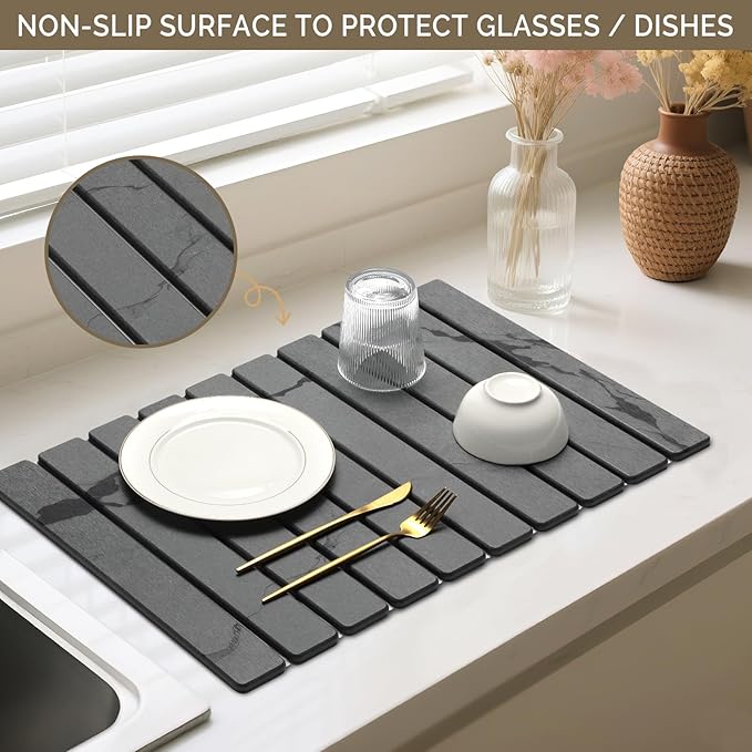 Large Stone Dish Drying Mat for Kitchen Counter, 2PCS Quick Dry Stone Dishes Mat,Foldable Water Absorbing Diatomaceous Drying Organizer Pad for Plates Rack Bottles Utensils(Dark Gray 24"×16" & 8"x4")
