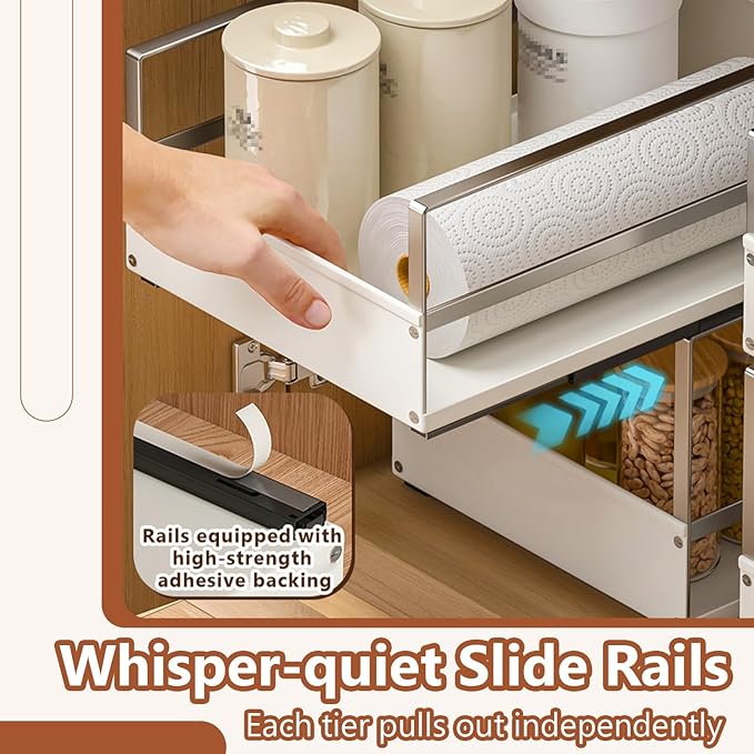 Pull Out Cabinet Organizer with Adhesive Nano Film, Heavy Duty Slide Out Pantry Shelves Drawer Storage, Metal Under Sink Organizers for Bathroom, Kitchen (White,11”W x 16.54”Dx 6.3”H)