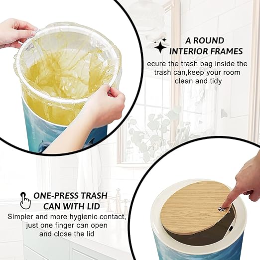 Trash Can with Lid Two Dolphins Happily Swimming Ocean Press Top Round Small Garbage Bin with Wooden Legs Waste Basket for Kitchen Bedroom Nursery 7L/1.8 Gallon