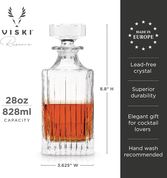 Viski Reserve Milo Whiskey Decanter with Stopper, Stylish Crystal Liquor Decanter for Bourbon, Scotch, Spirits, Wedding Gifts, Man Cave Essentials, Elegant Home Bar Accessories, 28 oz (828 ml)