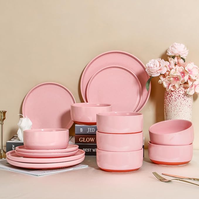 GZG Modern Art Series - 24 Pcs Speckled Stoneware Plates and Bowls Sets, Ceramic Dinnerware Set with Rustic Terracotta Underside, Microwave and Dishwasher Safe Handcrafted Dishes Set - Blush Pink