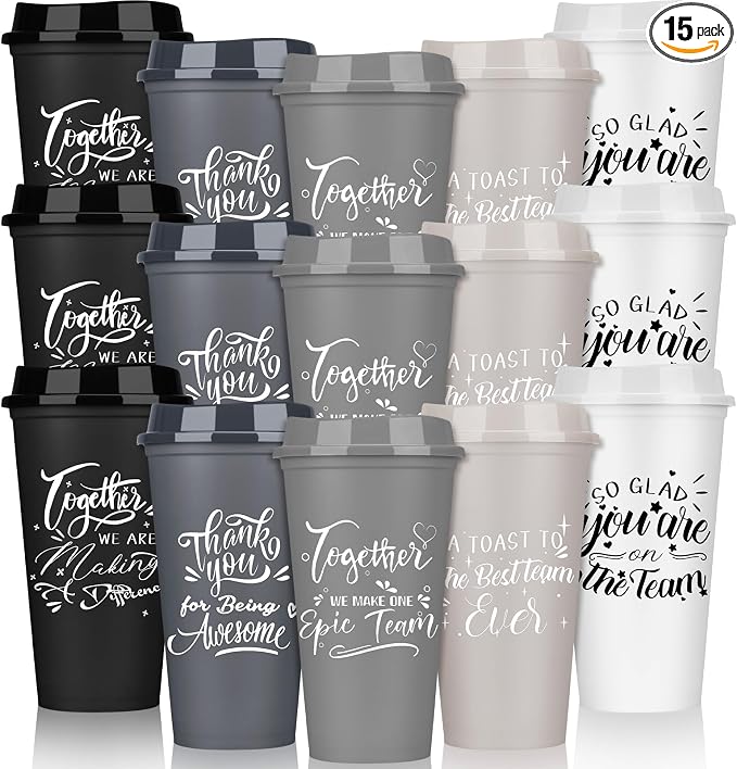 Pickmesh 15 Pcs Employee Appreciation Gifts Bulk 16 oz Plastic Tumblers with Lids Graduation Teacher Appreciation Gifts Reusable Coffee Cups for Staff Volunteer Coworker Team (Morandi Color)