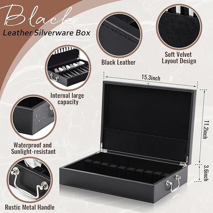 DoubleFill 1 Layer Leather Silverware Storage Box with Lid and Handles, Anti Tarnish Silverware Storage Chest Case with Felt-lined for 12 Sets of Utensils Flatware Gifts, 15.3x11.2x3.6 Inch