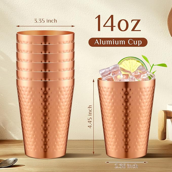 Tanlade 48 Pcs Aluminum Cups Bulk, 14 oz Copper Color Water Tumblers, Metal Cups for Drinking, Hammered Surfaces Mirror Finish Stackable Cold Glasses for Red or White Wine Iced Coffee (Gold)