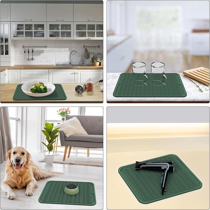 ZLR Silicone Dish Drying Mat 12" x 12" Square - Small Heat Resistant Trivet & Countertop Protector for Air Fryer, Coffee Maker - Waterproof Kitchen Drain Pad for Cups, Fruit (Dark Green)