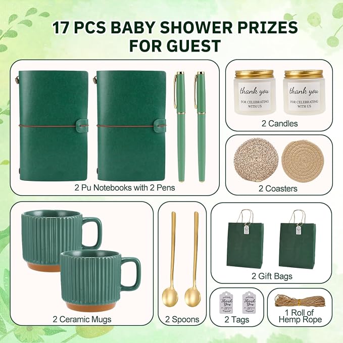 Baby Shower Prizes for Game Winners Baby Shower Games Prizes Ceramic Mugs with Metal Spoons Woven Coasters Notebooks Scented Candles Gift Bags Wedding Bridal Shower Favors for Guests (2, Green)