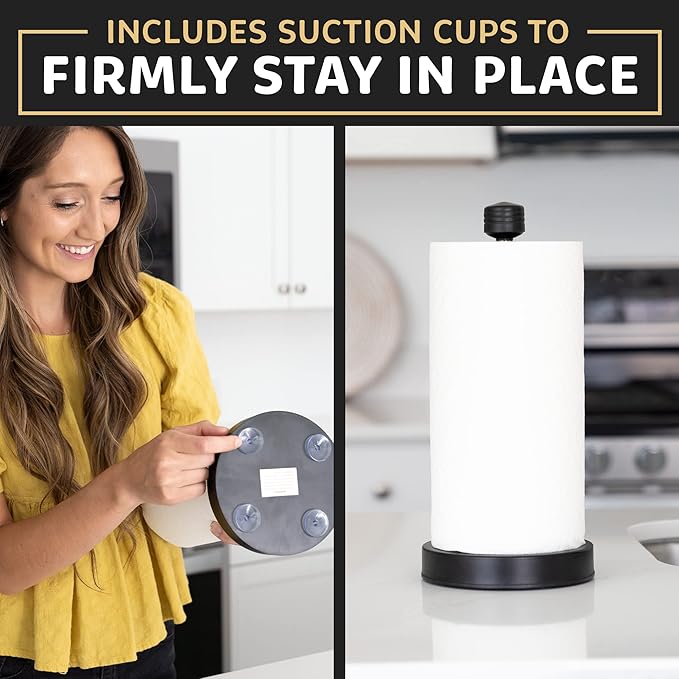 Heavy-Duty Stainless Steel Paper Towel Holder - Easy One-Handed Tear with Suction Cups - Modern Weighted Standing Countertop Dispenser for Kitchen - Holds All Paper Towel Rolls, Black