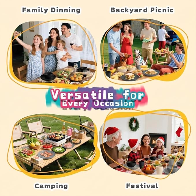 Wheat Straw Dinnerware Sets 16 PCS - Unbreakable Kids Plates and Bowls Sets for 4,Dishwasher & Microwave Safe Modern Lightweight Toddler Plates and Bowls Set for RV,Travel,Camping - Grey Stone