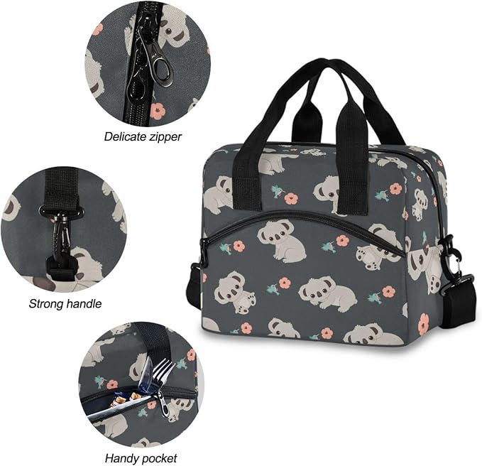 OREZI Kids Lunch Bag Girls Boys Children Student Women School Work Travel,Insulated Lunch Box Lunch Organizer Cooler Bento Bags with Adjustable Strap(Cute Floral Koala)