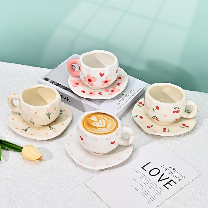 Koythin Ceramic Coffee Mug with Saucer Set, Creative Cute Cherry Cup Unique Irregular Design for Office and Home, 10 oz/300 ml for Latte Tea Milk