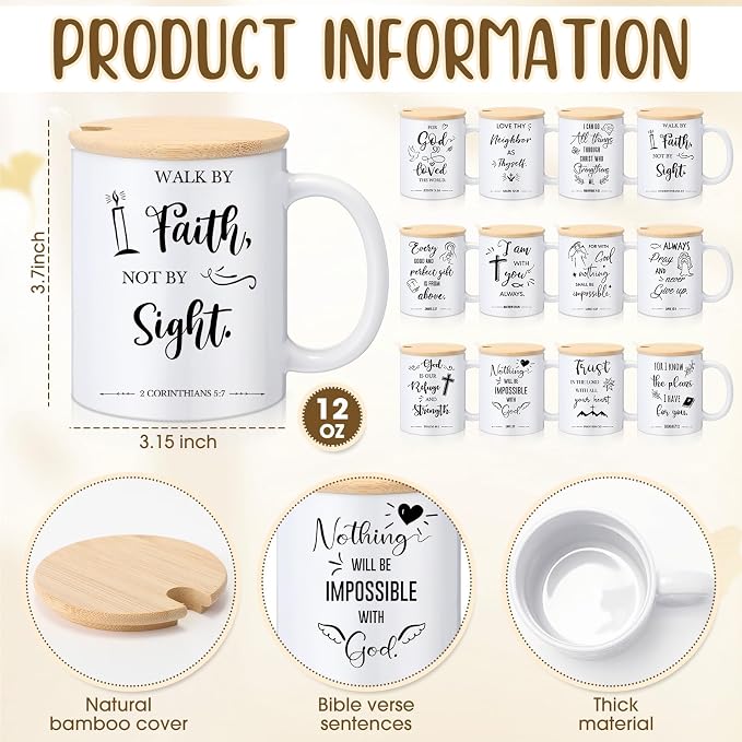 Didaey 12 Sets Christian Gifts Bulk Religious Coffee Mugs 12oz Bible Verses White Ceramic Cup with Lid Handle Spoon Inspirational Mug Church Gift for Men Coworker Employee Staff(Religious)