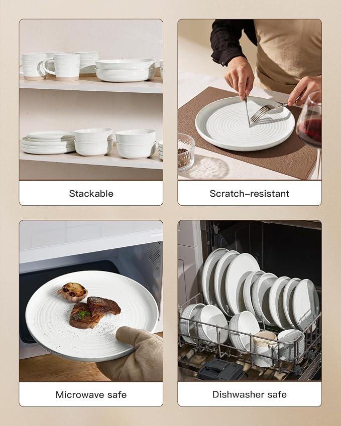 16-Piece Stoneware Dinnerware Sets for 4 with Pasta Bowls – Speckled Glaze with Spiral Design, Coupe Plates and Bowls - Chip & Scratch Resistant, Microwave & Dishwasher Safe, White