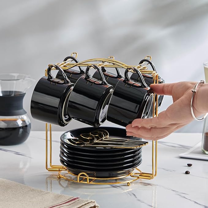 YOLIFE Espresso Cups with Saucers Set and Gold Metal Stand, 4oz Coffee Espresso Cups Set of 6, Ceramic Expresso Shots Cup with Stand & Saucers, Black