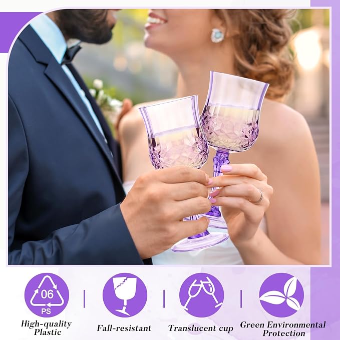 Pinkunn 12 Pcs 7 oz Plastic Vintage Wine Glasses Reusable Colored Goblets Patterned Drinking Water Glasses Cup Dishwasher Safe for Mother's Day Wedding Reception Party Supplies (Purple)