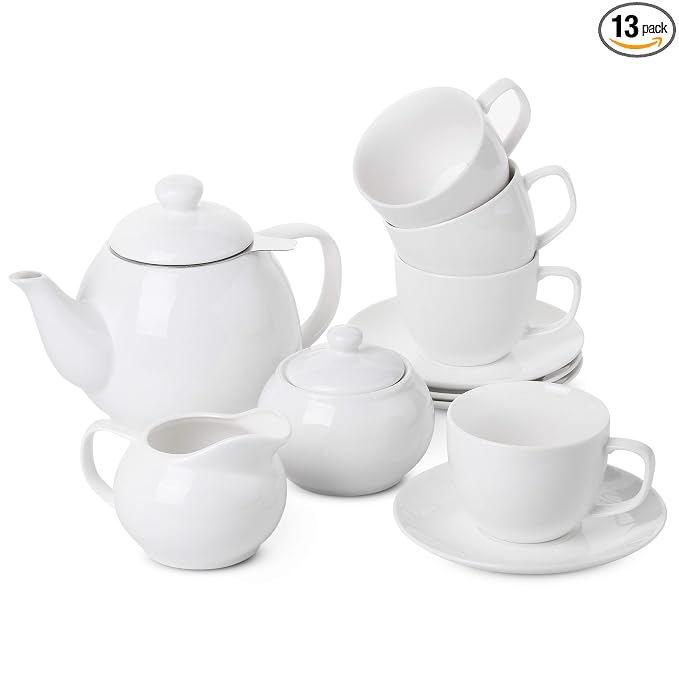 BTaT Royal Tea Set - 4 Porcelain Tea Cups (8oz), Pot (32oz), Creamer & Sugar Set