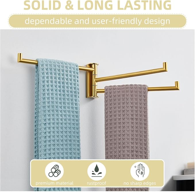 Angle Simple Swivel Hand Towel Rack, SUS 304 Stainless Steel Foldable 3 Towel Holder Bars for Bathroom Kitchen, Brushed Dark Gold