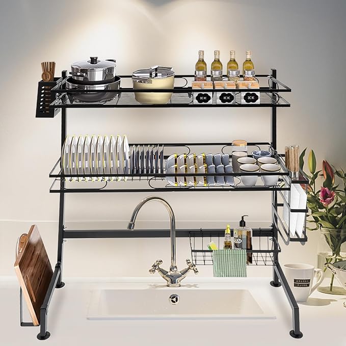 2-Tier Over Sink Dish Drying Rack Cutlery Drainer Kitchen Shelf Cup Organizing 25.6*11.02*32.28in, for Storing Seasonings, Dishes, Chopsticks, Cutting Boards, Knives, Forks, Soaps, Sponges