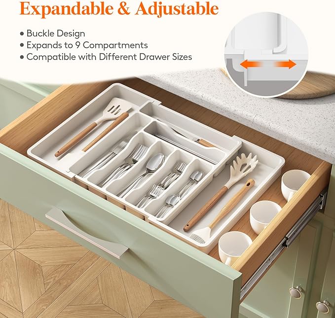 Lifewit Silverware Drawer Organizer, Expandable Cooking Utensil Tray, Adjustable Cutlery and Flatware Tray, Plastic Spoons Forks Knives Holder Storage Dividers, Large