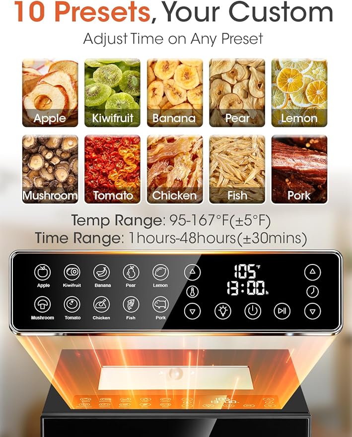 Manastin Food Dehydrator Machine, With Large 10 Stainless Steel Trays, 850W Dryer for Meat Jerky, Fruit Vegetable, 95-167℉ Dehydrated Dryer, 48H Timer,10 Presets, Overheating Protection