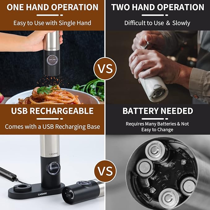 Electric Salt and Pepper Grinder Set Rechargeable Automatic Pepper Mill Grinder Stainless Steel Kitchen Gadgets Adjustable Coarseness Shakers, One Hand Operation, 2 Pack