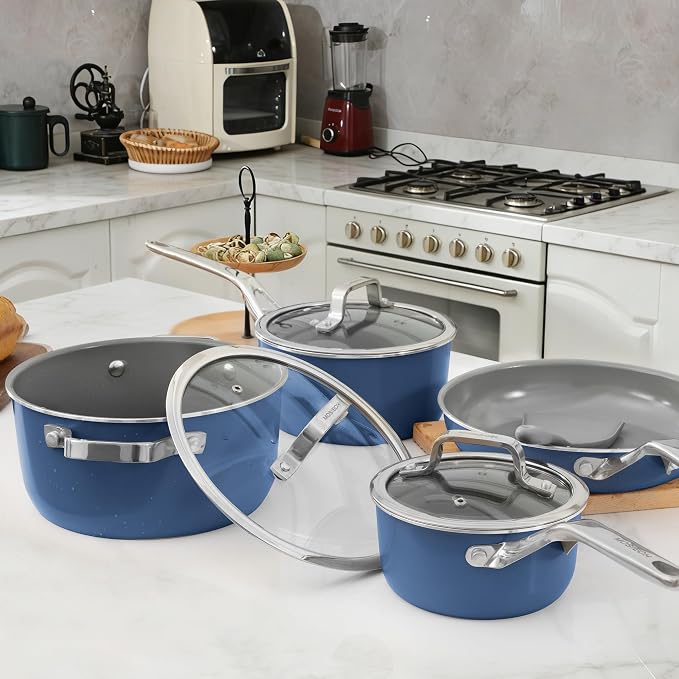 7-Piece Blue Ceramic Nonstick Cookware Set, Pots & Pans | 4 pots, 3 clear lids; stay-cool grips; 100% PFAS-free; 480°F oven & dishwasher safe; heavy daily family cooking routines
