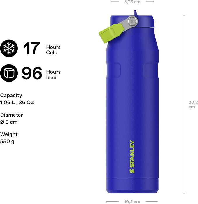 Stanley Flip Straw 2.0 Stainless Steel Water Bottle with Straw 1.06L – 15 Hours Cold – 3 Days Ice Cream – Stainless Steel – BPA Free – Leak Proof – Dishwasher Safe – Cobalt Chartreuse
