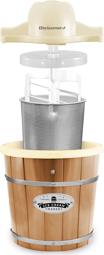 Elite Gourmet EIM924LX 4Qt Old Fashioned Vintage Appalachian Wood Bucket Electric Ice Cream Maker Machine with Leak-Proof Liner, Uses Ice and Rock Salt Churns Ice Cream in Minutes, Cream