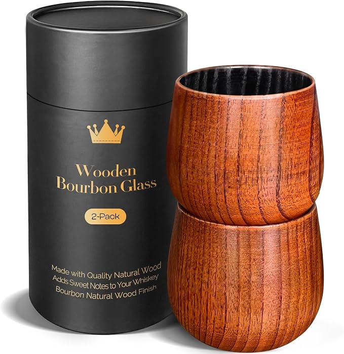 Charred Wooden Bourbon Drinking Glass, Bourbon Gifts for Men – 10oz Wooden Old Fashioned Glasses Set Whiskey Tumbler | Birthday Whiskey Gifts for Men, Dad or Brother Original Bourbon Tumbler (2 Pack)