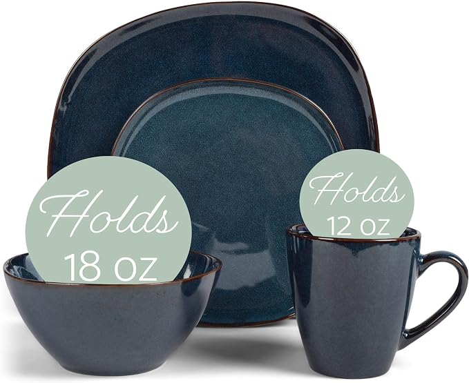 Elanze Designs 16-Piece Modern Luxury Chic Smooth Vintage Handmade Shape High Gloss Ceramic Stoneware Square Plate Mug & Bowl Kitchen Dinnerware 16 Piece Set - Service for 4, Navy Blue