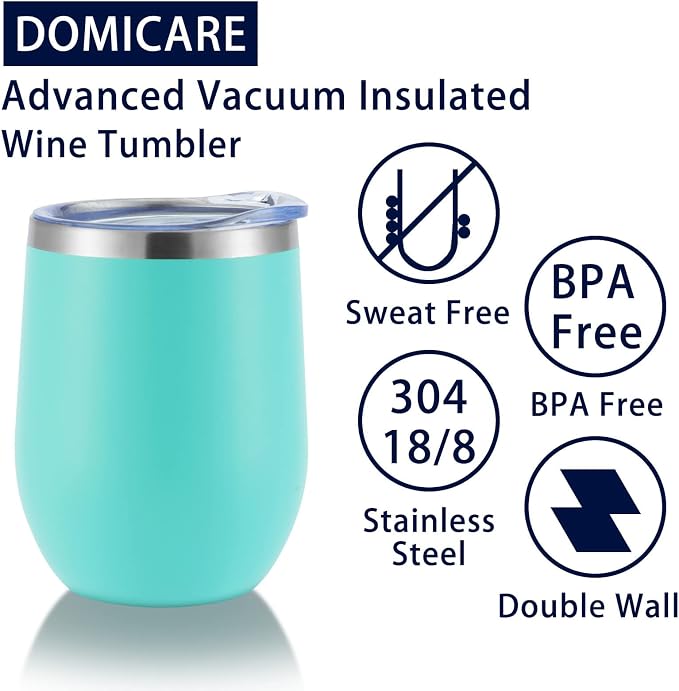DOMICARE Stainless Steel Wine Tumbler Bulk with Lid, Personalized Insulated Tumblers Set, 12oz Travel Coffee Cups Pack of 16, Light Blue