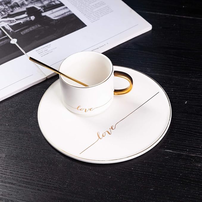 TJ Gobal Porcelain Coffee Mug, Tea Cup with Saucer and Golden Spoon with Gold Scripted Love and Trim for Hot Chocolate, Cappuccino, and Latte, 8 Oz. (White)