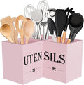 Suli Extra Large Cute Kitchen Utensil Holder with 3 Compartments,Corner Utensil Caddy for Countertop,Wooden Utensil Organizer for Kitchen Countertop, Farmhouse Decor- Pink