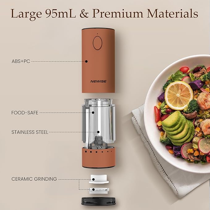 Newise Electric Salt and Pepper Grinder Set Rechargeable with LED Lights, Automatic Pepper & Salt Mill, Adjustable Coarseness, Large Capacity, Brown