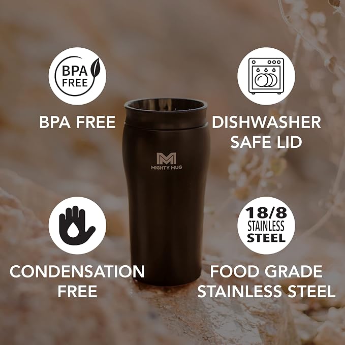 Mighty Mug | The Untippable Mug | Grips When Hit, Lifts for Sips | Insulated Stainless Steel Tumbler | Cupholder Friendly | Gifts for Women Men All | Leakproof | 4 Hours Hot/ 24 Cold | 12oz Black