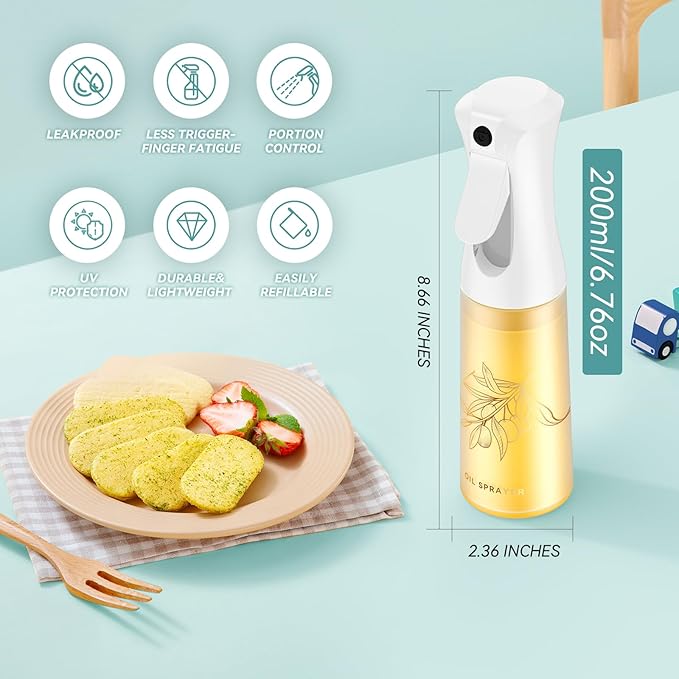 Oil Sprayer for Cooking - Olive Oil Sprayer - 200ml Glass Oil Spray Bottle in Air Fryer Accessories - Oil Dispenser for Kitchen,Air Fryer, Salad, Baking, BBQ (2 Packs)