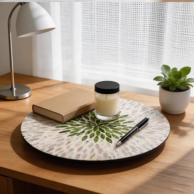 13.4" Mother of Pearl Lazy Susan, Table Centerpiece Round Shell Decorative Lazy Susan Turntable Rotating Tray Organizer for Cabinet Counter Gift Kitchen Office Cafe Home Decor (White Green)