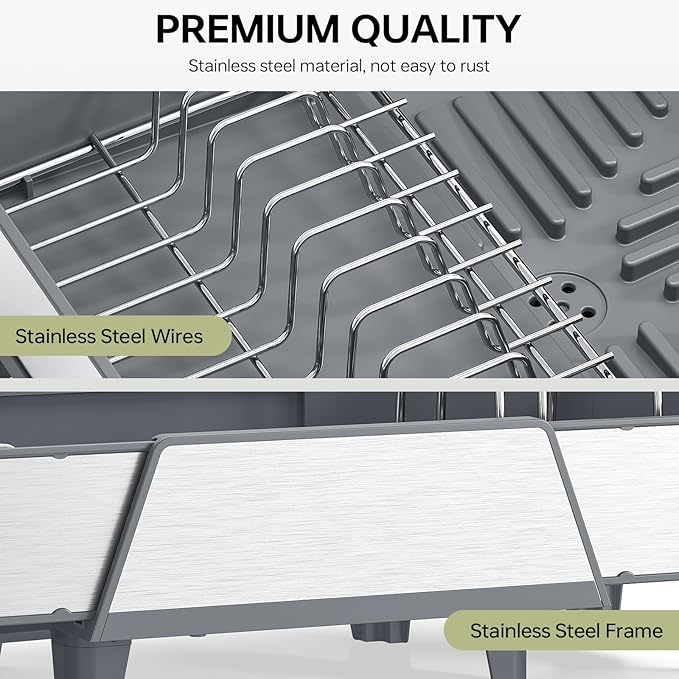 Urackify Large Dish Drying Rack - Triple Expandable Dish Rack for Kitchen Counter, Stainless Steel Sink Organization and Storage Essentials with Utensil & Pans Holder for Home and Appartment, Gray