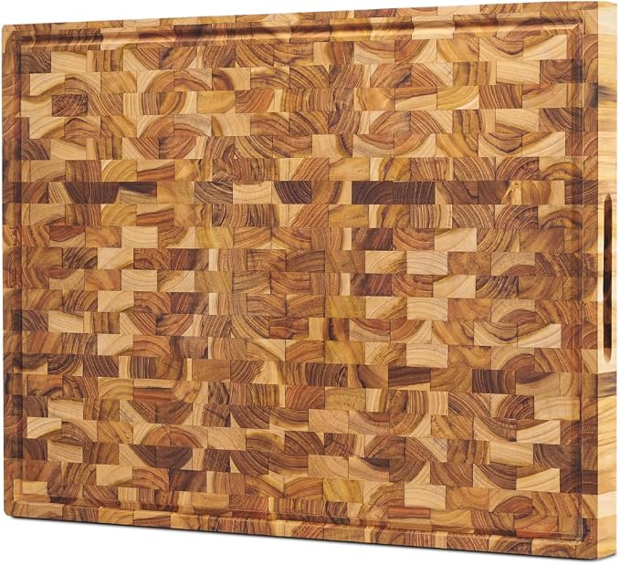 Teak Cutting Board for Kitchen – End Grain 17 x 13 x 1.5 Inch Medium Butcher Block with Juice Groove & Side Handles for Meat & Meal Prep