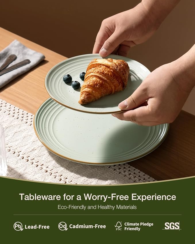 Famiware Jupiter 16-Piece Stoneware Dinnerware Set for 4 - Includes Pasta Bowl & Dinner Plate, Handcrafted Dishes with Speckles & Embossed Swirls, Chip & Scratch Resistant, Daily & Formal Use, Green