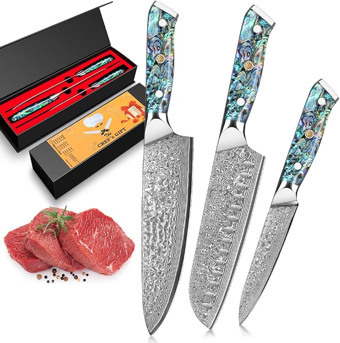 KEENZO 3PCS Kitchen Knife Set,Professional kitchen knives with 8" Chef knife,7" Santoku knife,5" Utility Knife,Japanese Hand Forged Damascus Steel Cooking knife set,Ergonomic Abalone Shell Handle